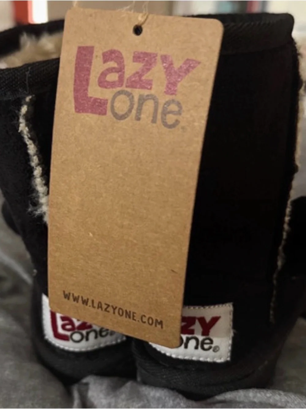 Lazy One Black Plush Boot Slippers with Tan Stitching